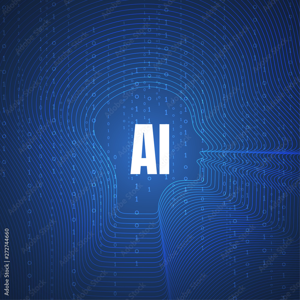 Poster artificial intelligence. abstract geometric human head outline with circuit board. technology and en