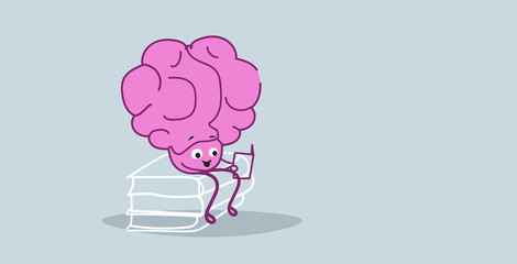 cute human brain organ sitting on books stack pink cartoon character reading book education concept kawaii sketch style horizontal