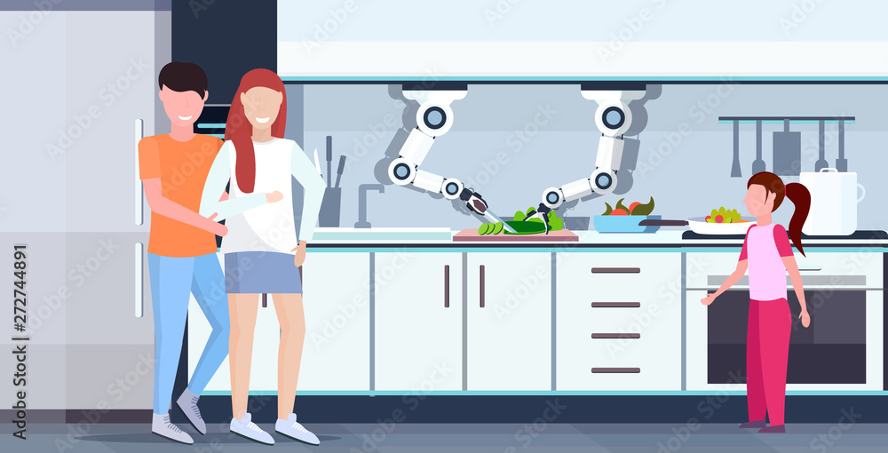 Poster smart handy chef robot cutting cucumber on board robotic assistant innovation technology artificial 