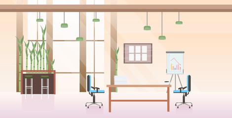 empty no people co-working center cabinet modern workplace desk creative office interior flat horizontal