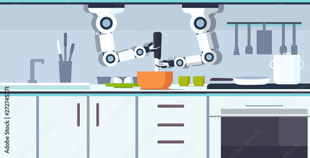 Poster smart handy chef robot preparing omelet beating eggs in bowl robotic assistant innovation technology