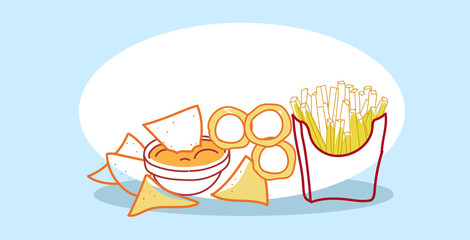 tasty snack tortilla chips with sauce in bowl french fries paper cup fast food classic american fastfood hand drawn sketch doodle horizontal