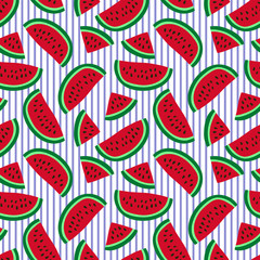 Watermelon seamless pattern. Hand drawn fresh berry. Vector sketch background. Doodle wallpaper. Red and green print for kitchen tablecloth, curtain or dishcloth. Fashion design