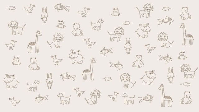 Animated doodle animals , kid light background. Substrate for titles, and other content. Design element