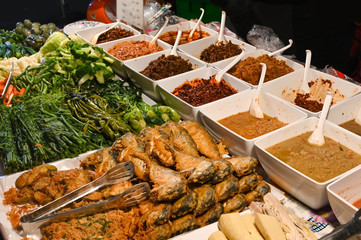 Variety of Thai chili paste with fried mackerel fish and local vegetables, Phuket, Thailand