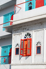 Detail of architecture, decorated facade in Jaipur, Rajasthan, India