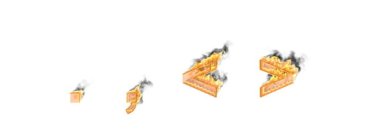 Fire and heavy smoke period (full stop) comma and more or less signs isolated, artistic heroic font - 3D illustration of symbols