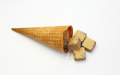Ice cream cones and Wafers with chocolate isolated on white background 