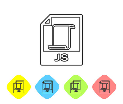 Grey JS file document icon. Download js button line icon isolated on white background. JS file symbol. Set icon in color rhombus buttons. Vector Illustration