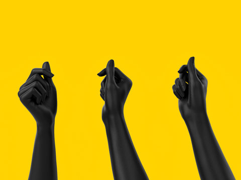 Black Hands Holding Something Isolated On Yellow, 3d Illustration