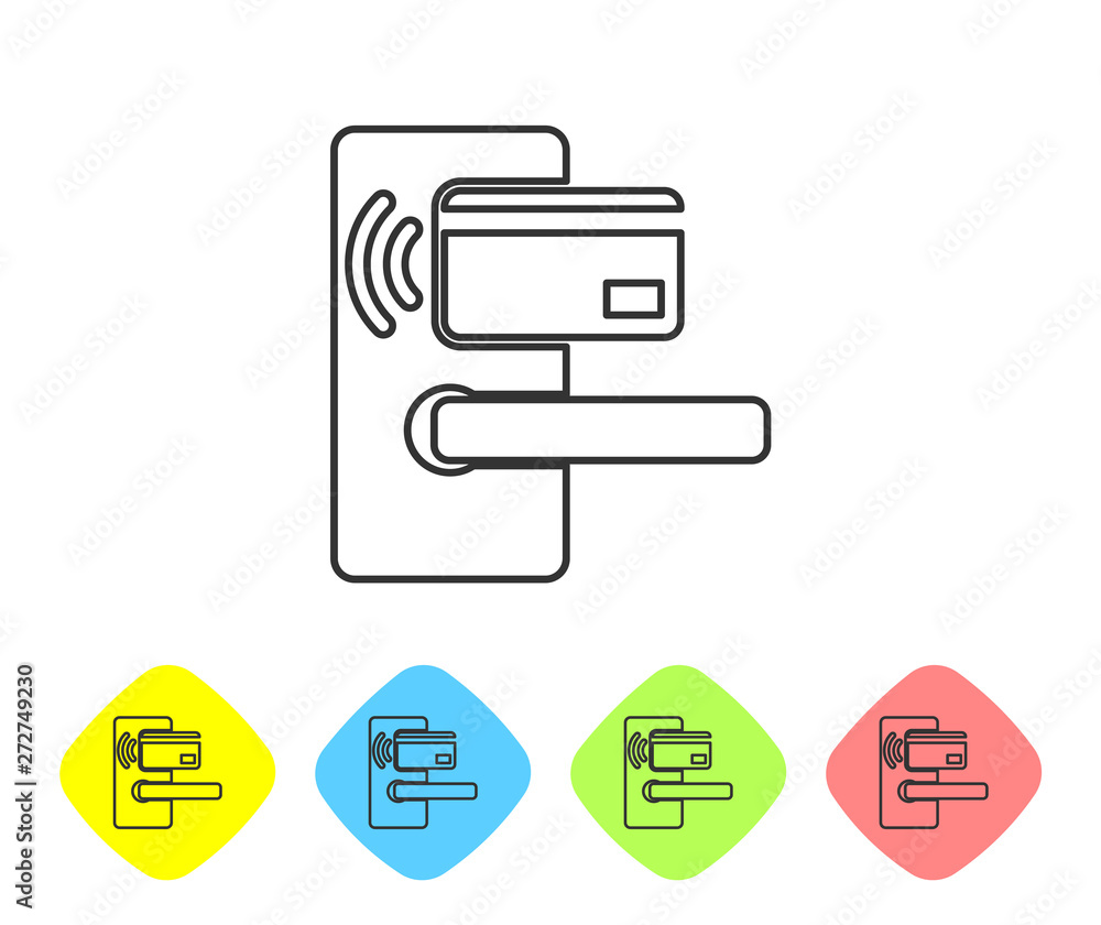 Poster grey digital door lock with wireless technology for unlock line icon on white background. door handl