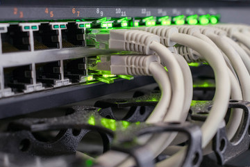 Network wires are included in the ports of the central router. Many Internet cables are  in the server room of the data center. Bunch of patchcords are connected to a managed switch