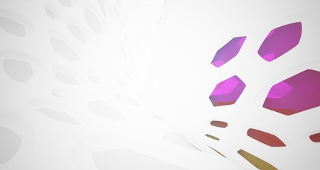Abstract white and colored gradient glasses smooth parametric interior  with window. 3D illustration and rendering.