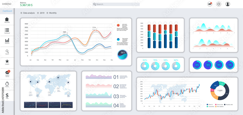Poster Informative and simple dashboard. Colorful infographics template for business and other projects. Admin panel interface with color charts, graphs, 3D infographics and charts on a white background.