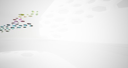 Abstract white and colored gradient glasses smooth parametric interior  with window. 3D illustration and rendering.