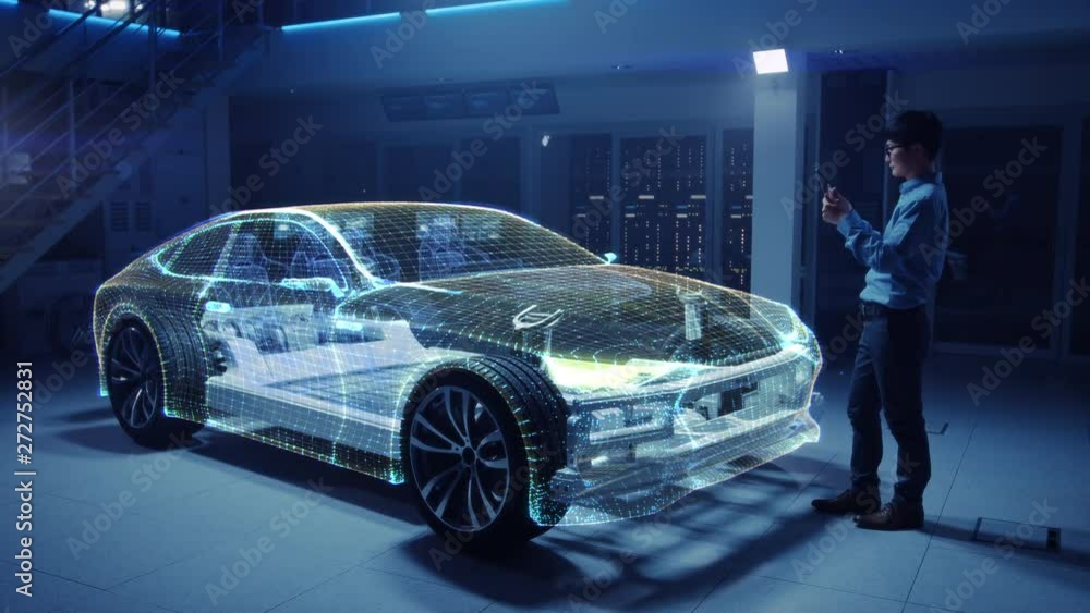Poster automotive engineer working on electric car chassis platform, using tablet computer with augmented r
