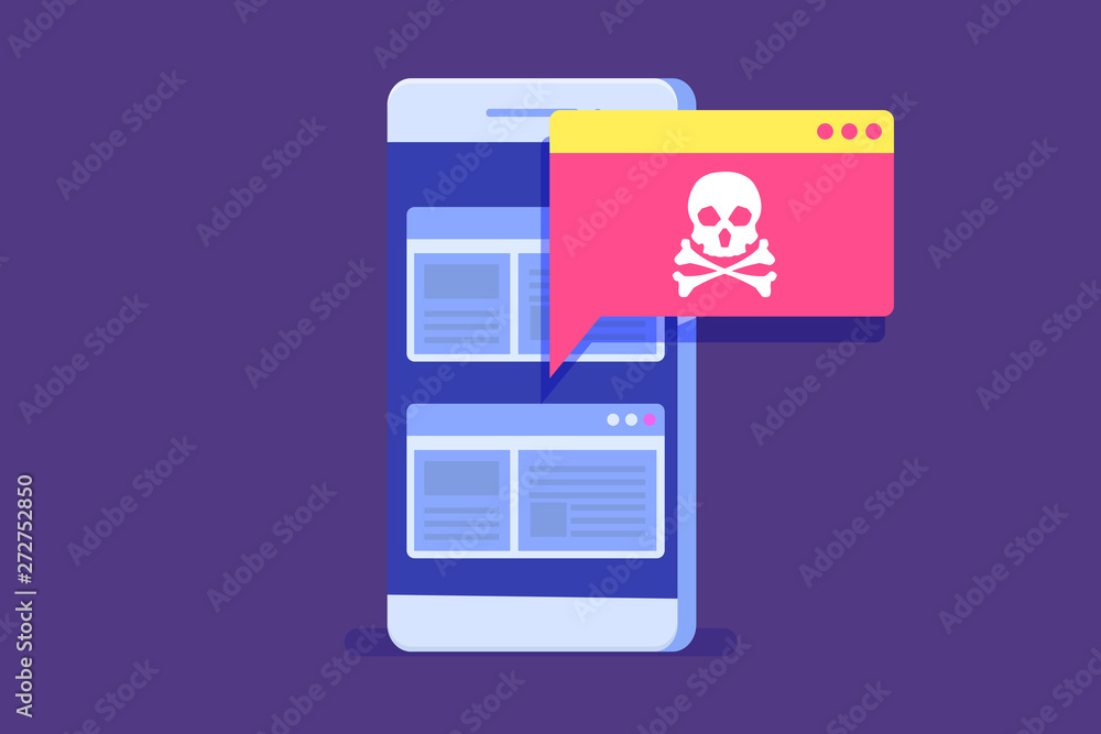 Poster smartphone virus malware trojan notification or alert. hacker attack vector concept.