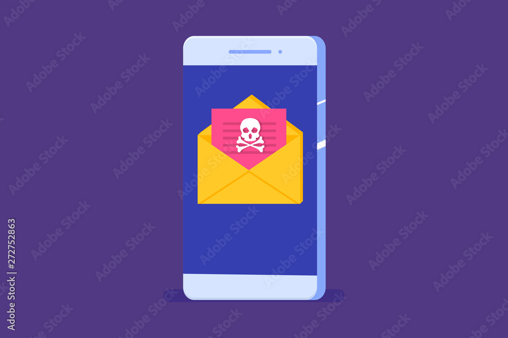 Aufkleber smartphone virus malware trojan notification or alert. hacker attack vector concept.