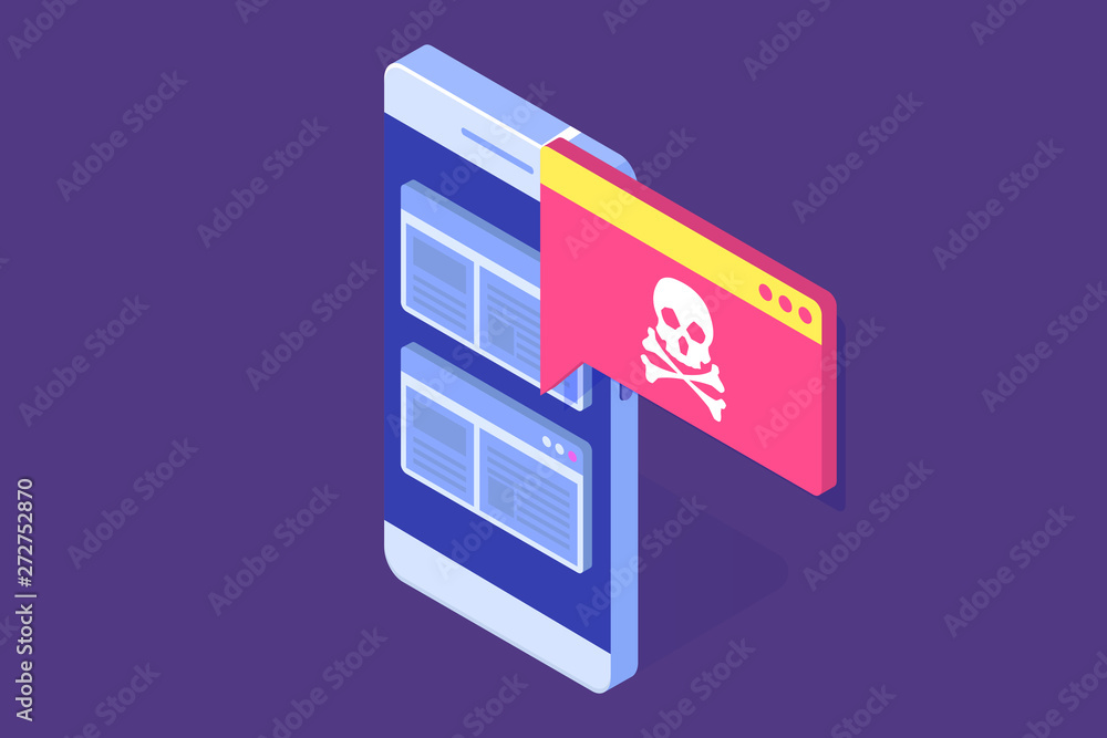 Aufkleber smartphone virus malware trojan notification or alert. hacker attack vector concept.