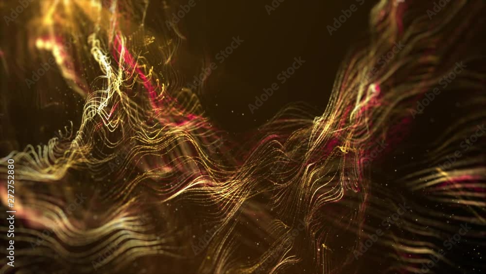 Poster futuristic flowing digital abstract gold particles wave form cyber de-focus backgroun