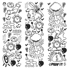 Start up concept. Vector pattern with motivational icons. Rocket, brainstorm, succes, innovation