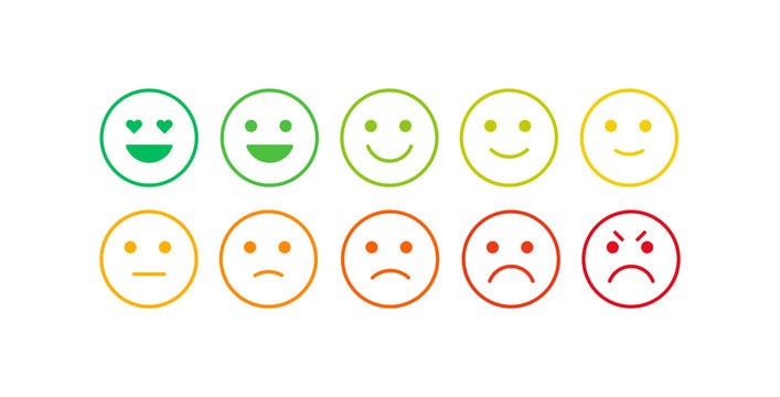 Vector icon set for mood tracker. Ten scale of silhouette emotion smiles from angry to happy isolated on white background. Emoticon element of UI design for client service rating, feedback survey