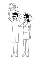 Young couple in summer cartoons in black and white