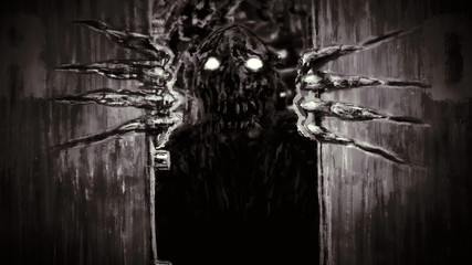 Enraged zombie monster opens bunker doors and growls.