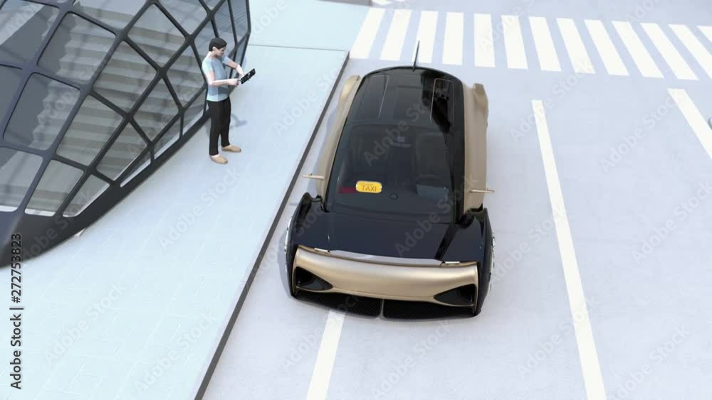 Poster low polygon style people use smartphone to unlock a self driving car's door. ride sharing concept. 3