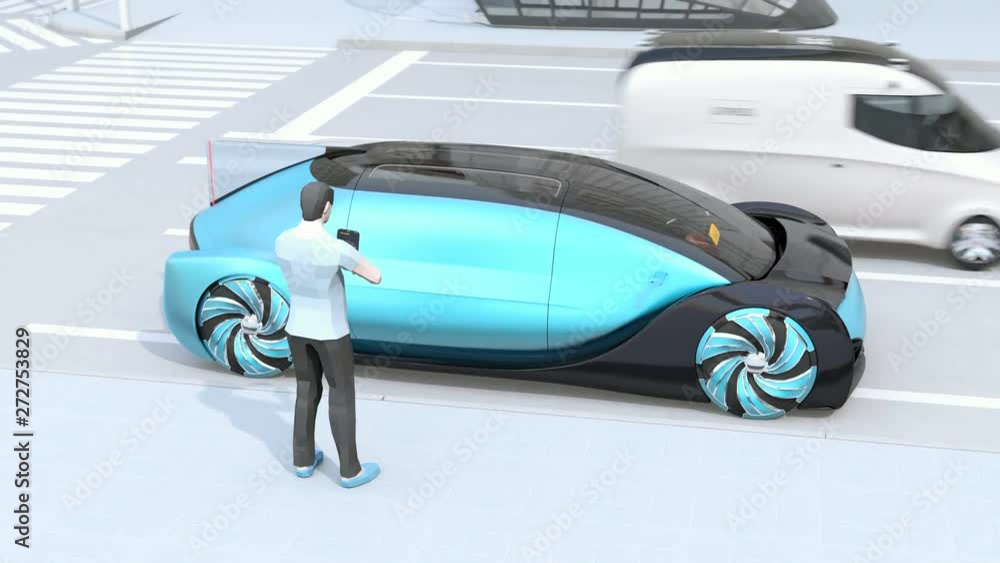 Poster low polygon style people use smartphone to unlock a self driving car's door, welcome message appear 