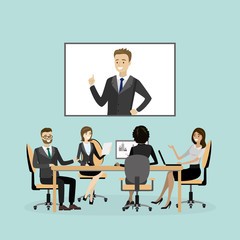 cartoon businessman and businesswomen communicate,online meeting or presentation