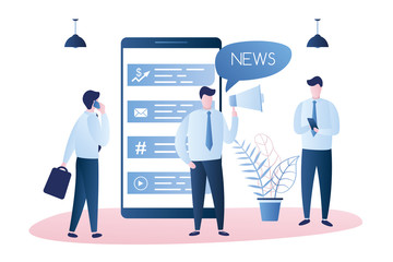 Businessman with megaphone,big smartphone with news app and  businessmen with mobile phones