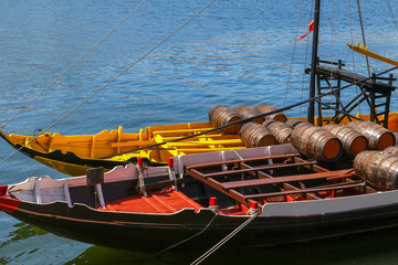 Ancient ship with the barrels of port on Douro River. Porto, Portugal