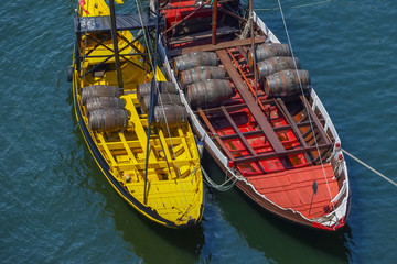 Ancient ship with the barrels of port on Douro River. Porto, Portugal