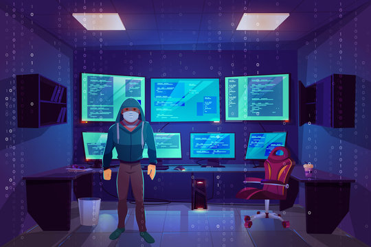 Hacker anonymous in mask in server room with multiple computer monitors displaying secret information. Office with pc screens, matrix cybercrime with binary code background Cartoon vector illustration