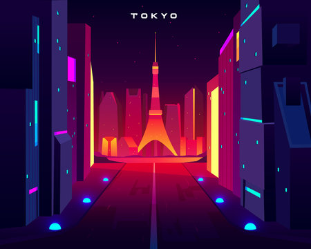 Tokyo city night skyline with skytree television tower view in neon illumination. Metropolis architecture, modern megapolis with glowing skyscrapers along lightened road. Cartoon vector illustration