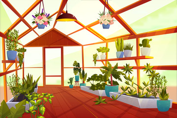 Greenhouse interior with garden inside. Large bright empty orangery with glass walls, windows and wooden floor, place for growing green plants and flowers, inner view. Cartoon vector illustration - obrazy, fototapety, plakaty