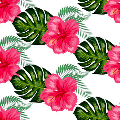 Tropical vintage hibiscus plumeria floral green leaves seamless pattern white background. Exotic wallpaper