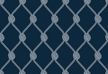 Naklejka premium Vector rope, fishing net, seamless. Blue background.