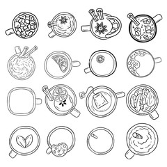 Set of cute yummy beverages doodle sketches. Cups of tea and coffee doodles. Hand drawn cartoon style collection of lineart mugs