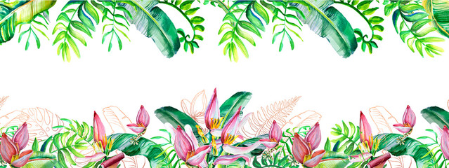 Seamless border. Watercolor floral arrangement with tropical leaves and flowers. Floral greeting card. Template for invitations, wedding, text. Frame, border. Illustraton
