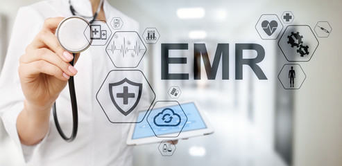 Electronic health record. EHR, EMR. Medicine and healthcare concept. Medical doctor working with modern pc.