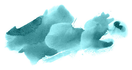 Abstract watercolor background hand-drawn on paper. Volumetric smoke elements. Blue-Green color. For design, web, card, text, decoration, surfaces.