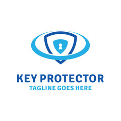 Obraz premium Key Protector Logo Design With Flat Blue Color Style. Shield Logotype. Sign Protect For Company. Security Icon For Business. Creative Secure Graphic For Technology and Digital.
