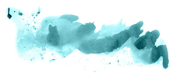 Abstract watercolor background hand-drawn on paper. Volumetric smoke elements. Blue-Green color. For design, web, card, text, decoration, surfaces.