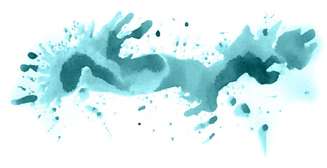 Abstract watercolor background hand-drawn on paper. Volumetric smoke elements. Blue-Green color. For design, web, card, text, decoration, surfaces.