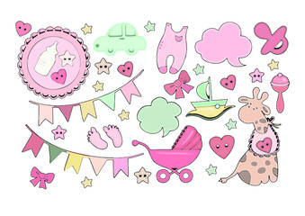 ПечатьCute baby icons with stroller, baby toys, nipples, milk bottle and baby clothes