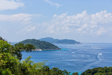 Image from top view Beautiful tropical beach with tree,beach in similan island,beach sand andaman sea