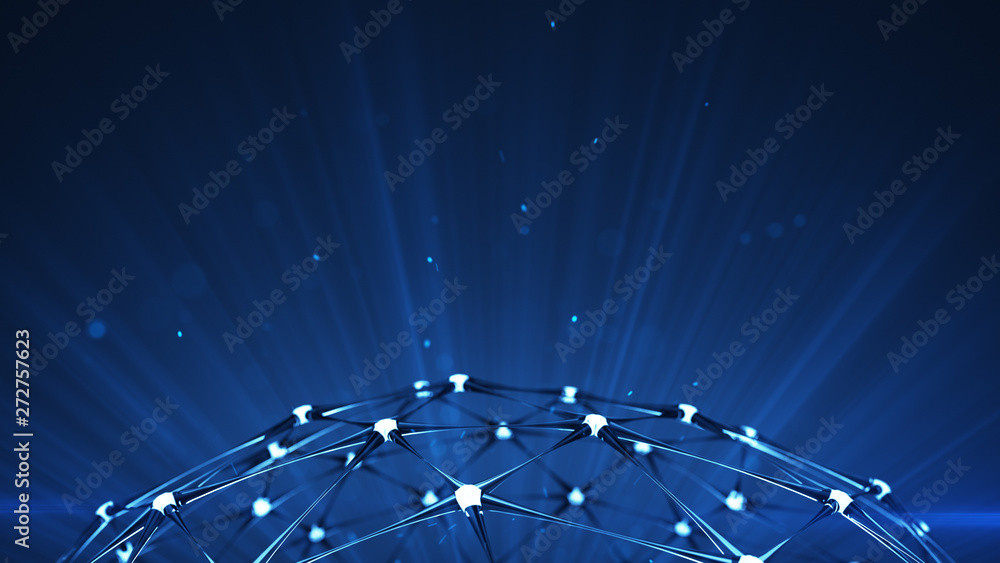 Poster network structure and blue light rays 3d render
