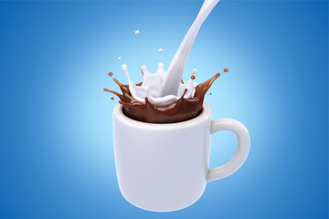 Pouring milk into coffee,Coffee and milk splashing in white cup,Clipping Path,3d rendering